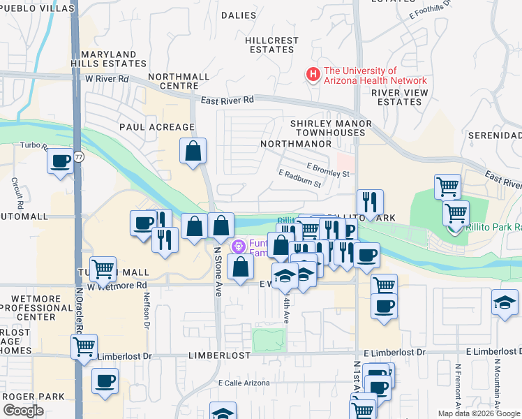 map of restaurants, bars, coffee shops, grocery stores, and more near 241 E Calderwood Rd in Tucson