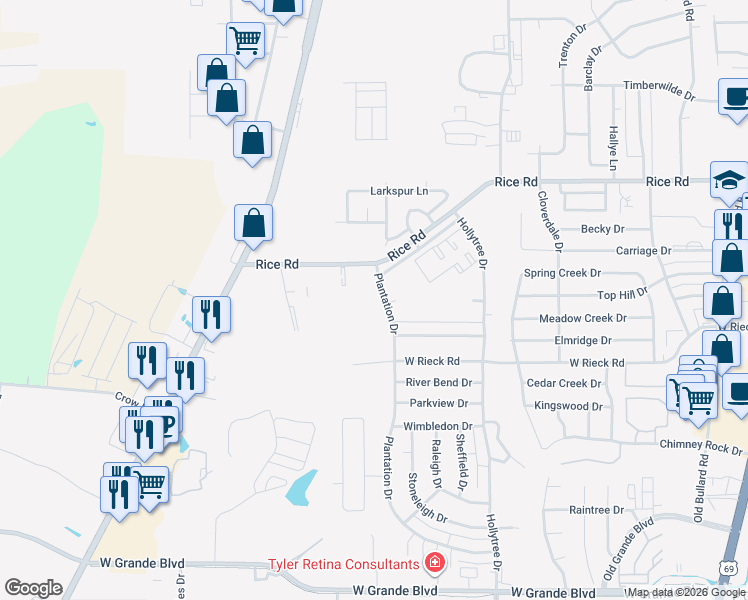 map of restaurants, bars, coffee shops, grocery stores, and more near 5403 Plantation Drive in Tyler