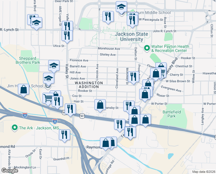 map of restaurants, bars, coffee shops, grocery stores, and more near 1441 Topp Ave in Jackson