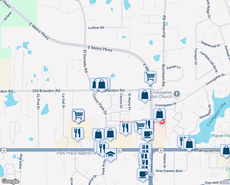 map of restaurants, bars, coffee shops, grocery stores, and more near 330 Cross Park Drive in Pearl