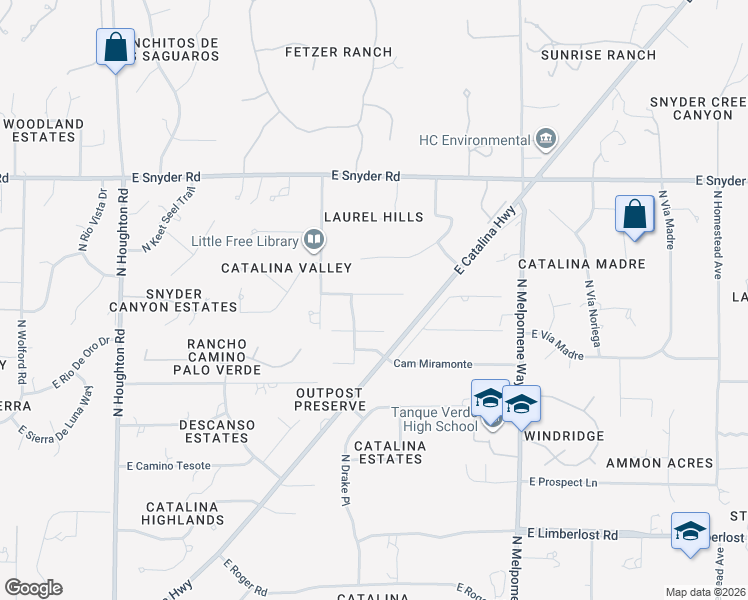 map of restaurants, bars, coffee shops, grocery stores, and more near 10800 East Placita Metate in Tucson
