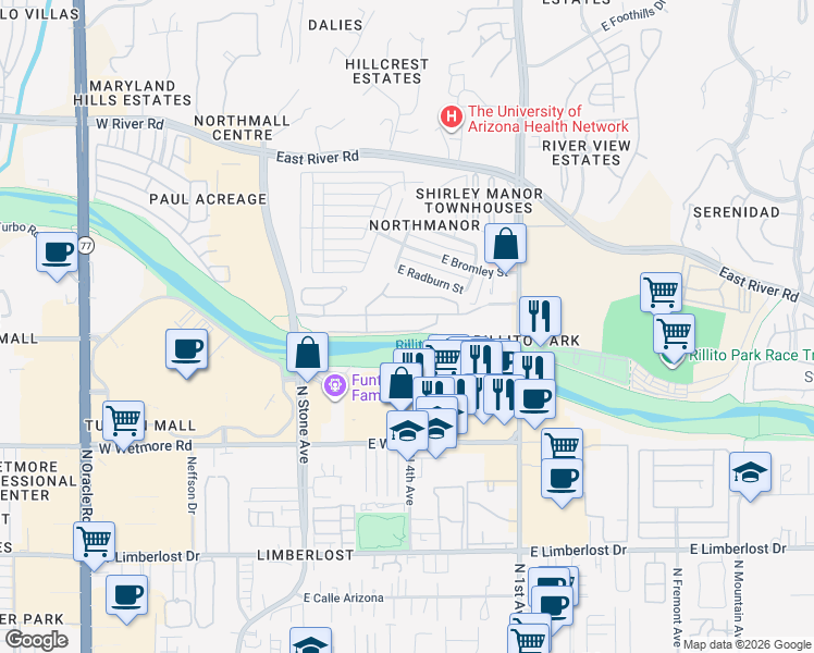 map of restaurants, bars, coffee shops, grocery stores, and more near 351 East Calderwood Road in Tucson