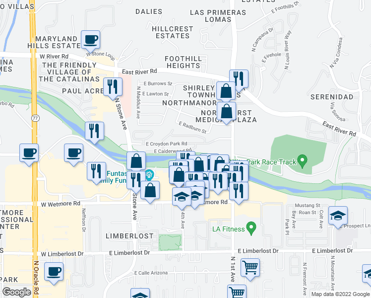 map of restaurants, bars, coffee shops, grocery stores, and more near 381 East Calderwood Road in Tucson