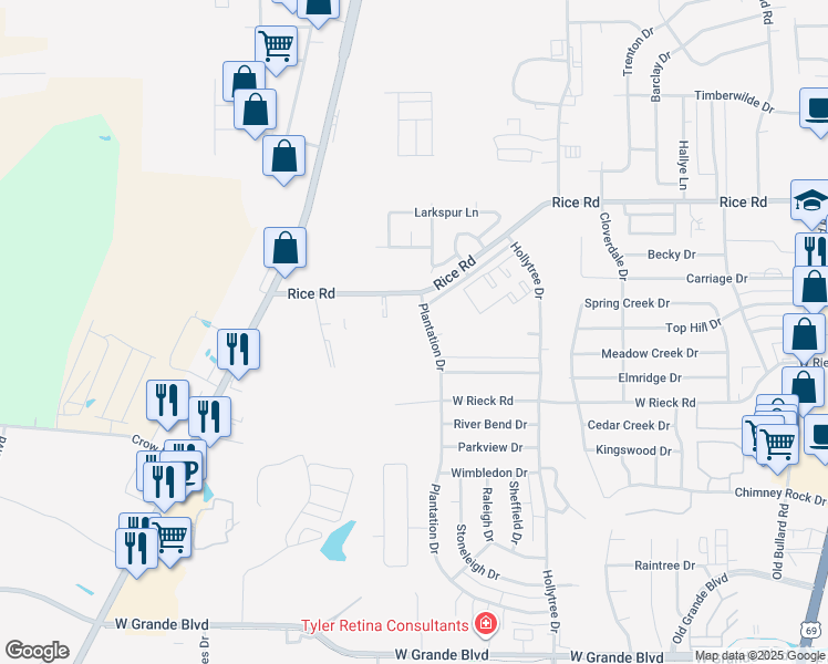 map of restaurants, bars, coffee shops, grocery stores, and more near 5403 Plantation Drive in Tyler