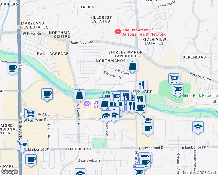 map of restaurants, bars, coffee shops, grocery stores, and more near 351 East Calderwood Road in Tucson