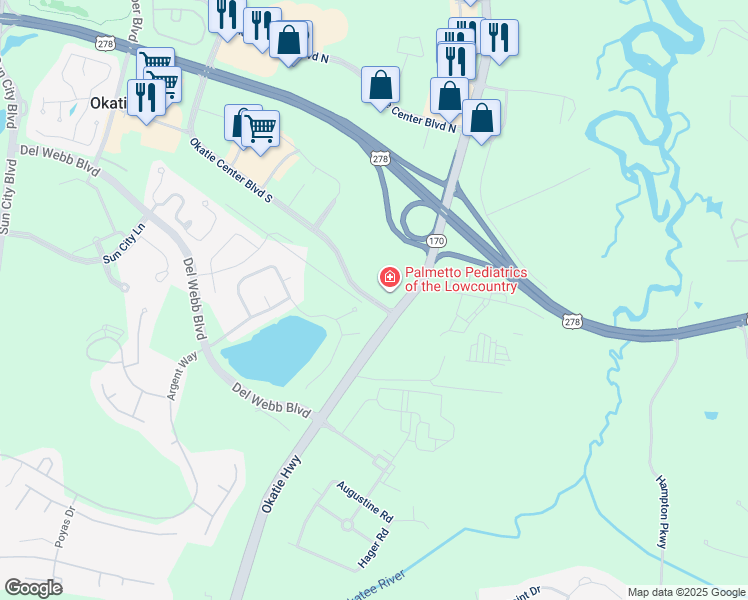 map of restaurants, bars, coffee shops, grocery stores, and more near 4 Okatie Center Blvd S in Okatie