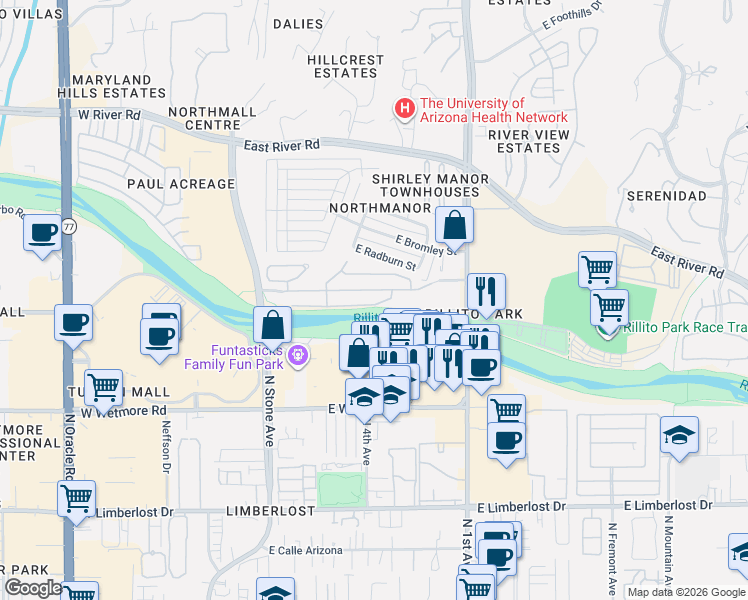 map of restaurants, bars, coffee shops, grocery stores, and more near 391 East Calderwood Road in Tucson