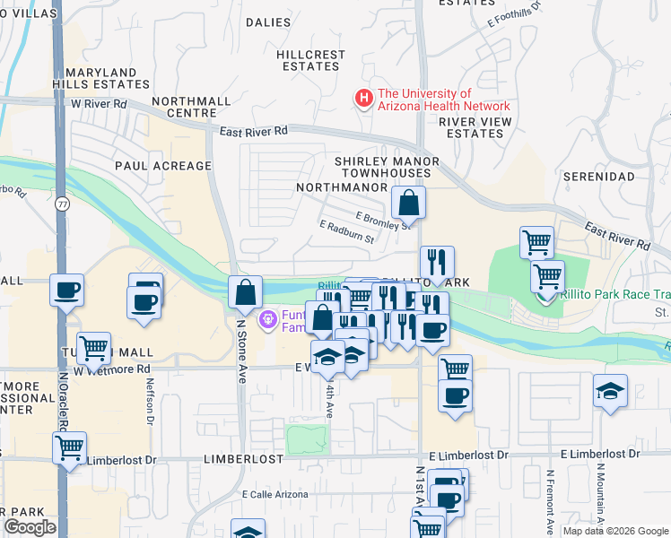 map of restaurants, bars, coffee shops, grocery stores, and more near 351 East Calderwood Road in Tucson