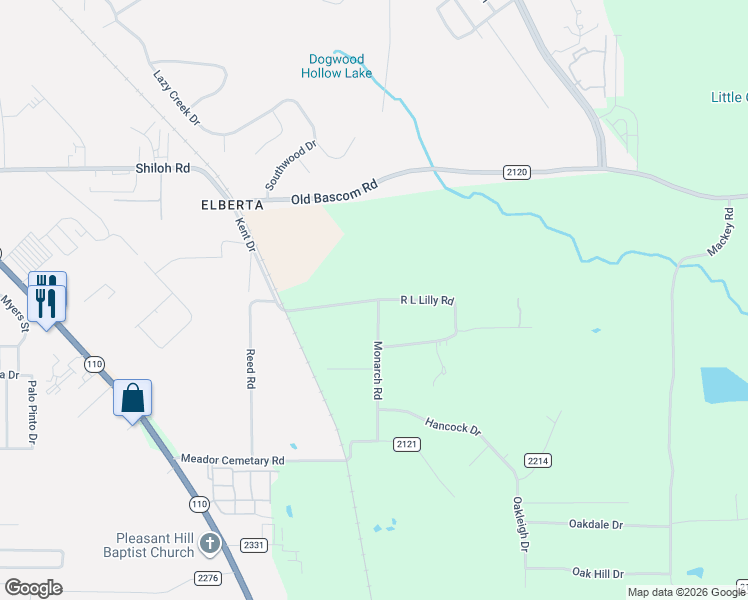 map of restaurants, bars, coffee shops, grocery stores, and more near County Road 2213 in Tyler