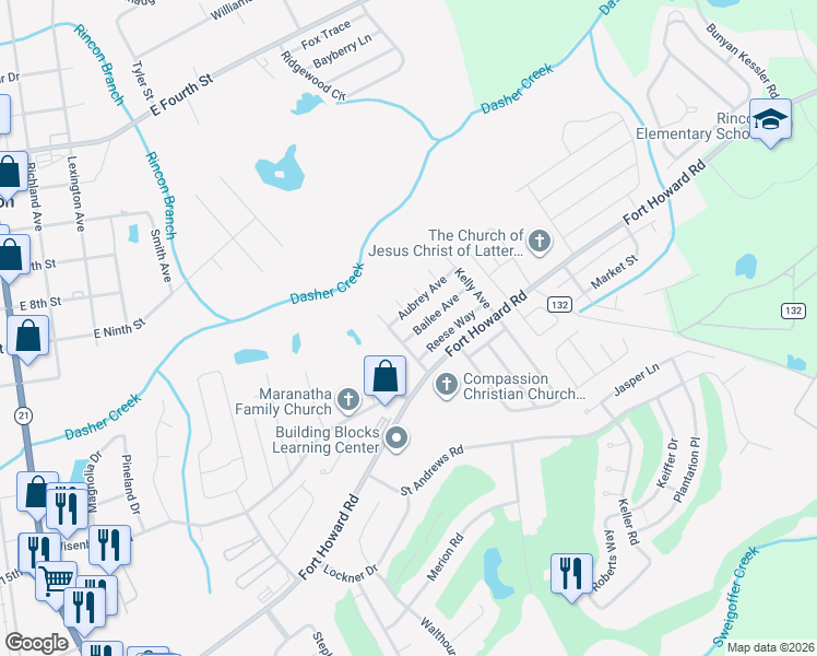 map of restaurants, bars, coffee shops, grocery stores, and more near 202 Bailee Avenue in Rincon