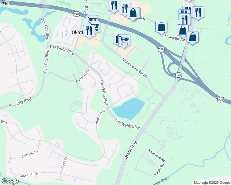 map of restaurants, bars, coffee shops, grocery stores, and more near 9 Lake Somerset Cir in Bluffton