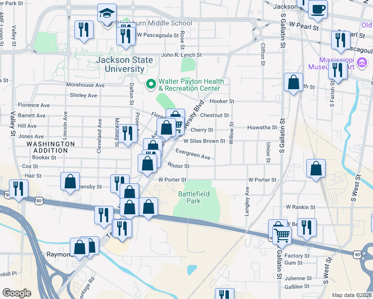 map of restaurants, bars, coffee shops, grocery stores, and more near 802 Evergreen Avenue in Jackson