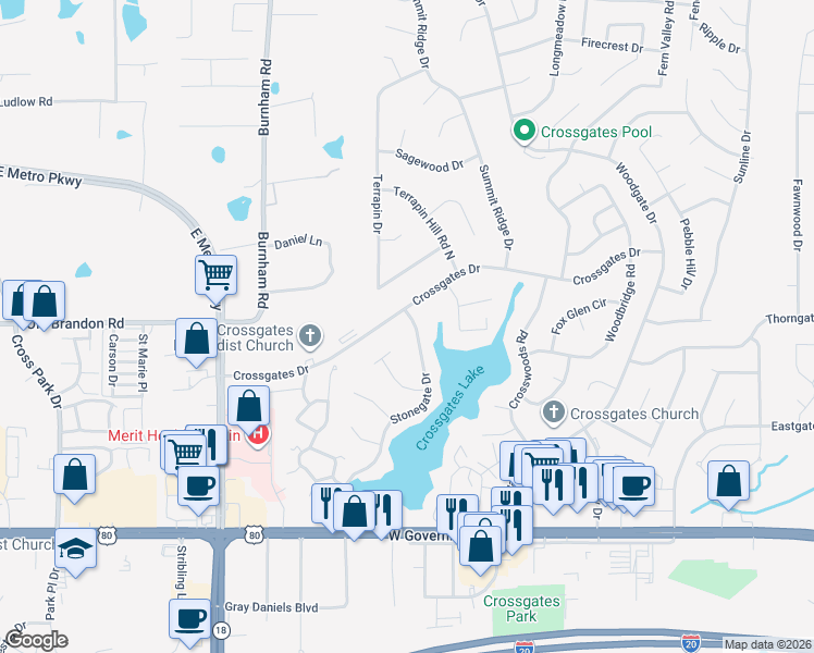 map of restaurants, bars, coffee shops, grocery stores, and more near 47 Stonegate Drive in Brandon
