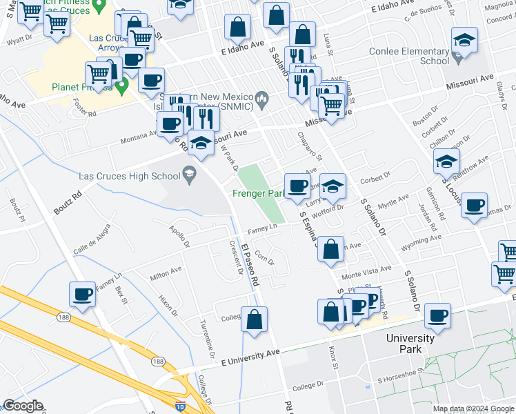 map of restaurants, bars, coffee shops, grocery stores, and more near 1955 W Park Dr in Las Cruces