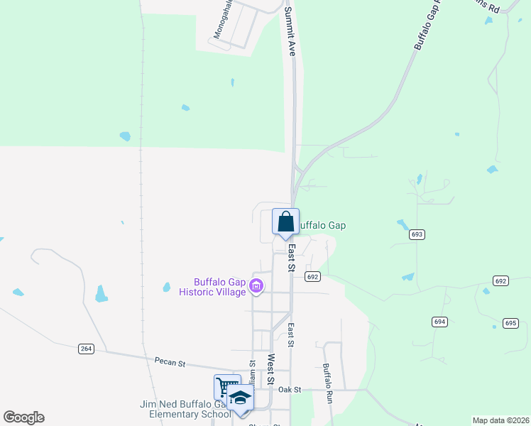 map of restaurants, bars, coffee shops, grocery stores, and more near 538 Big Sky Loop in Buffalo Gap
