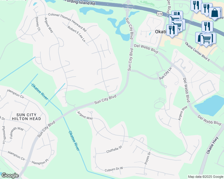 map of restaurants, bars, coffee shops, grocery stores, and more near 105 Fort Beauregard Lane in Bluffton