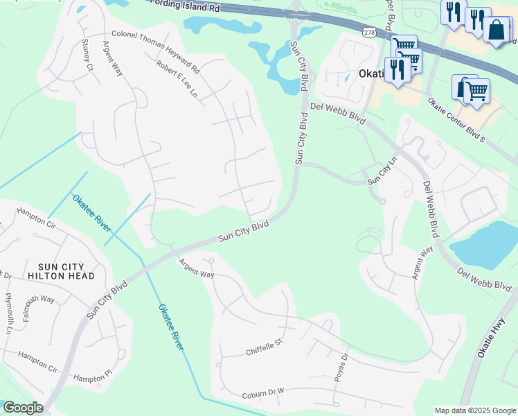 map of restaurants, bars, coffee shops, grocery stores, and more near 105 Fort Beauregard Lane in Bluffton