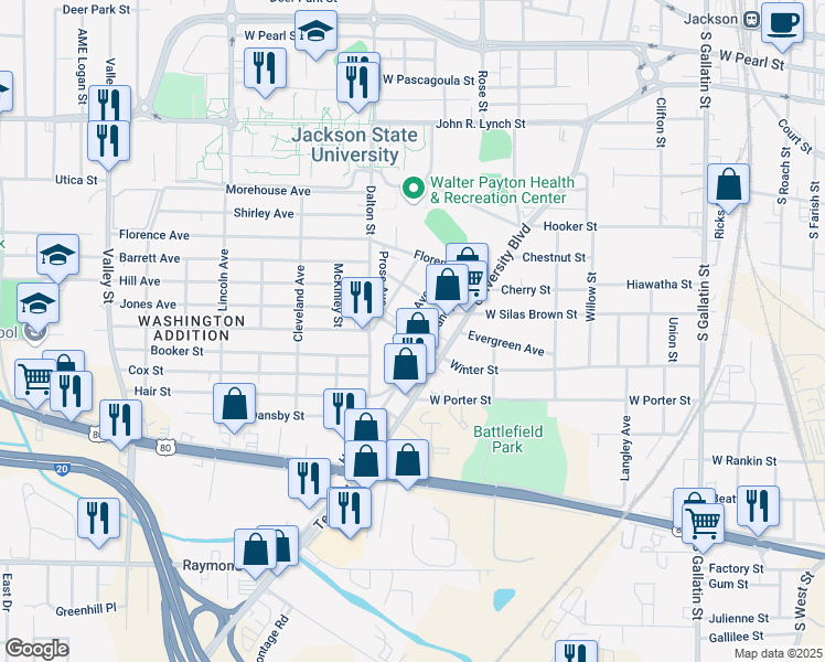 map of restaurants, bars, coffee shops, grocery stores, and more near 1240 Fairmont Avenue in Jackson