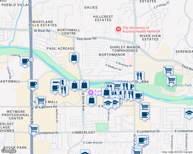 map of restaurants, bars, coffee shops, grocery stores, and more near 241 East Calderwood Road in Tucson