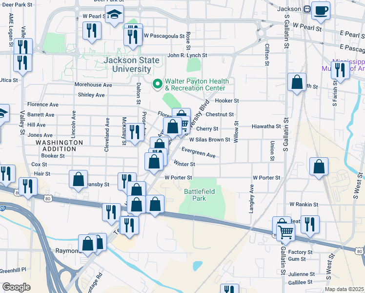 map of restaurants, bars, coffee shops, grocery stores, and more near 1300 Terry Rd in Jackson