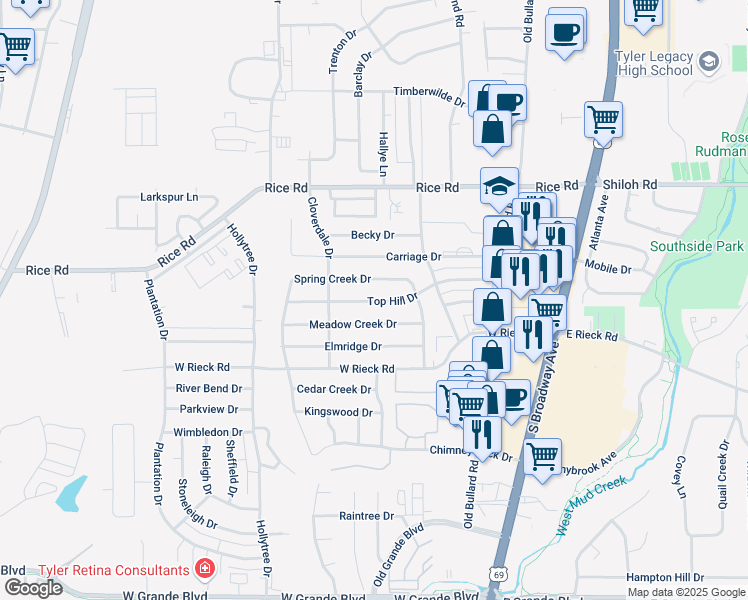 map of restaurants, bars, coffee shops, grocery stores, and more near 700 Top Hill Drive in Tyler