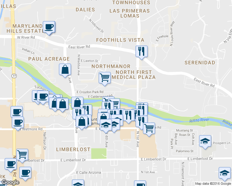 map of restaurants, bars, coffee shops, grocery stores, and more near 474 East Croydon Park Road in Tucson