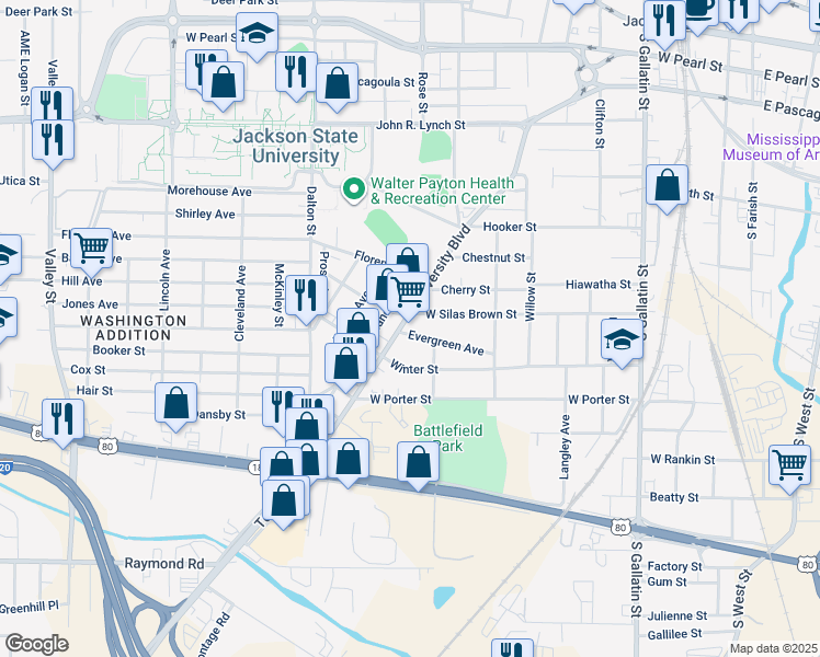 map of restaurants, bars, coffee shops, grocery stores, and more near 1300 Terry Rd in Jackson
