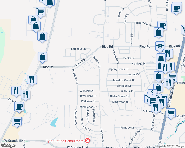 map of restaurants, bars, coffee shops, grocery stores, and more near 5401 Hollytree Drive in Tyler