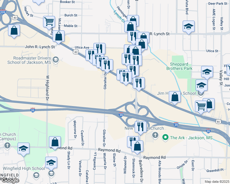 map of restaurants, bars, coffee shops, grocery stores, and more near 2649 U.S. 80 in Jackson