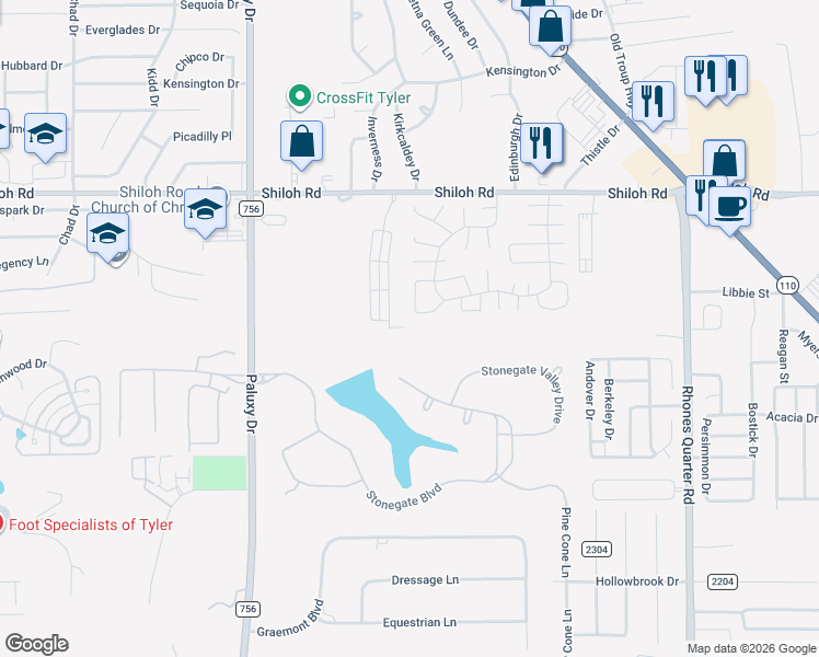 map of restaurants, bars, coffee shops, grocery stores, and more near 5152 Shiloh Ridge Street in Tyler