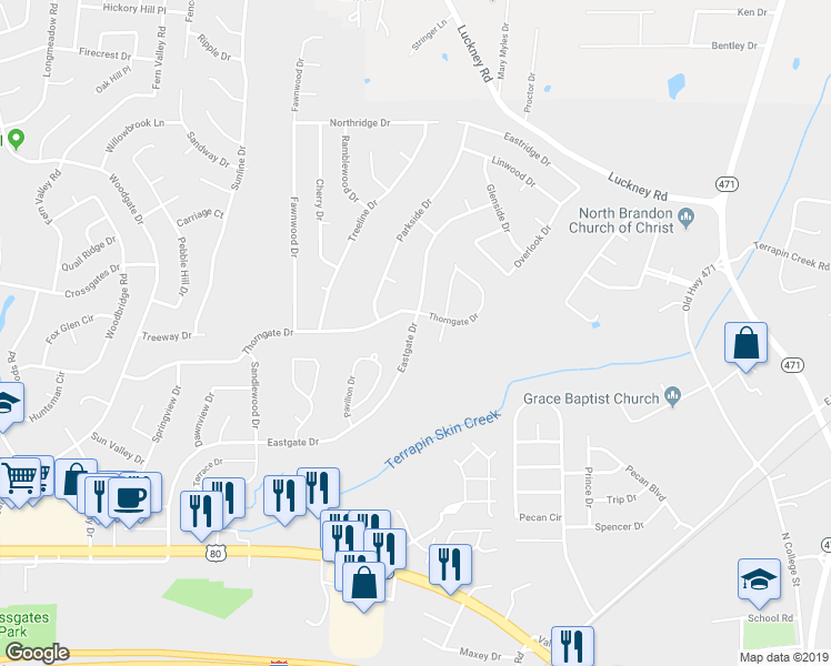 map of restaurants, bars, coffee shops, grocery stores, and more near 62 Eastgate Drive in Brandon