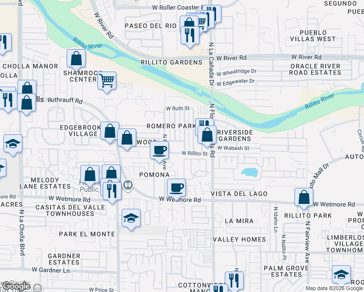map of restaurants, bars, coffee shops, grocery stores, and more near 1546 West Rillito Street in Tucson