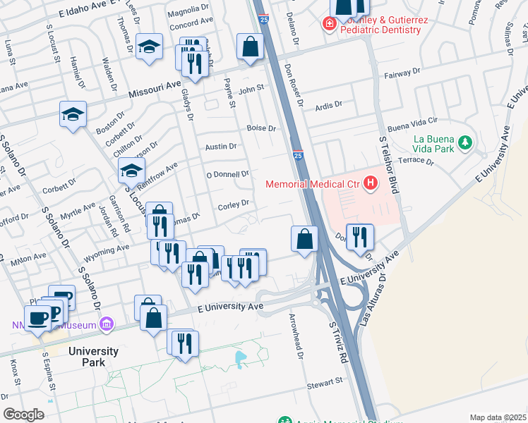map of restaurants, bars, coffee shops, grocery stores, and more near 2135 Payne Street in Las Cruces