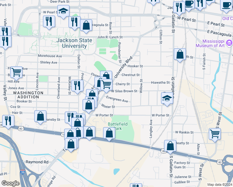 map of restaurants, bars, coffee shops, grocery stores, and more near 802 Evergreen Avenue in Jackson