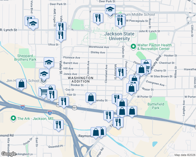 map of restaurants, bars, coffee shops, grocery stores, and more near 1441 Topp Avenue in Jackson
