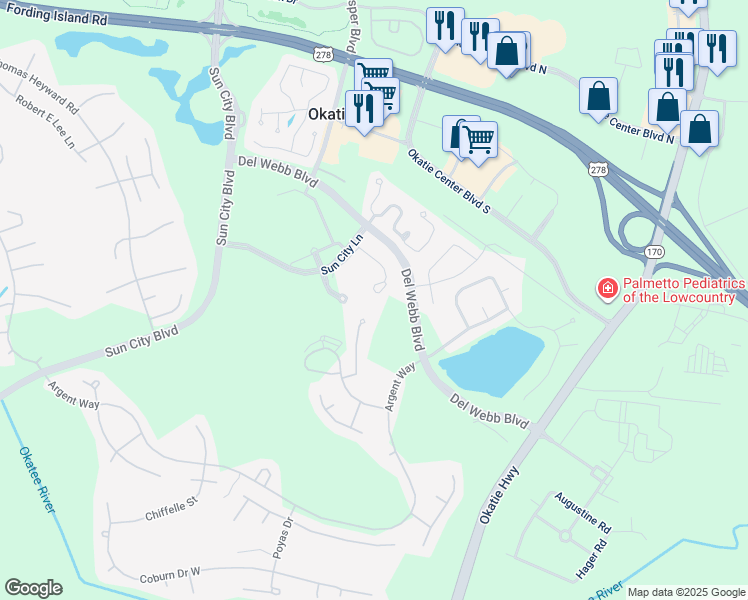 map of restaurants, bars, coffee shops, grocery stores, and more near 35 Debeaufain Drive in Bluffton