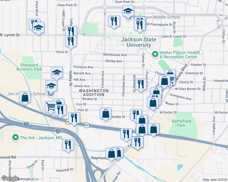 map of restaurants, bars, coffee shops, grocery stores, and more near 1441 Topp Avenue in Jackson