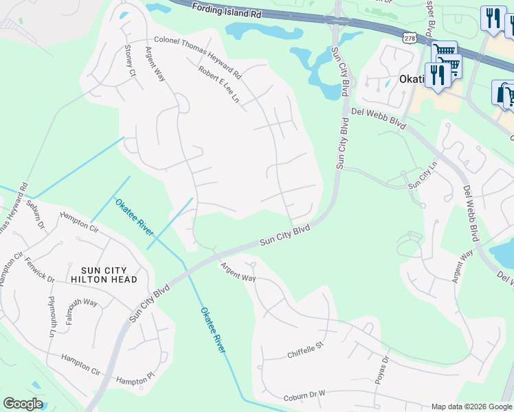 map of restaurants, bars, coffee shops, grocery stores, and more near 213 Honey Hill Drive in Bluffton