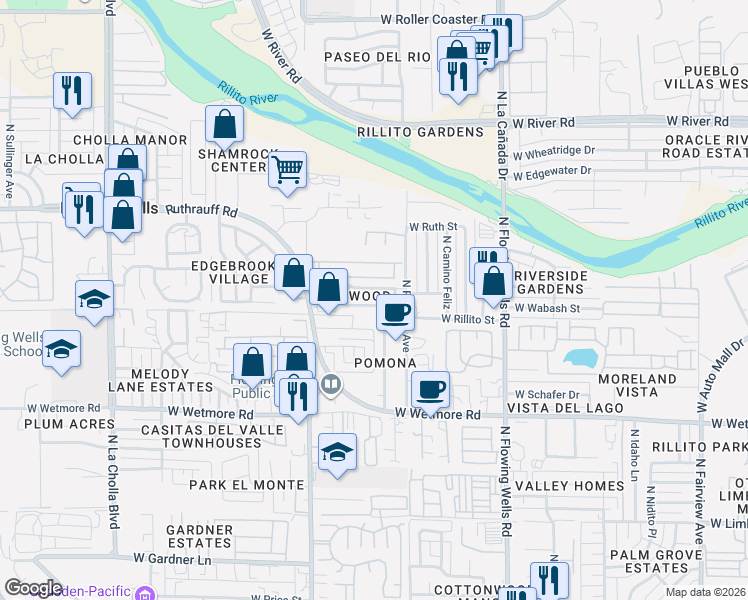 map of restaurants, bars, coffee shops, grocery stores, and more near 1595 West Bitter Orange Street in Tucson