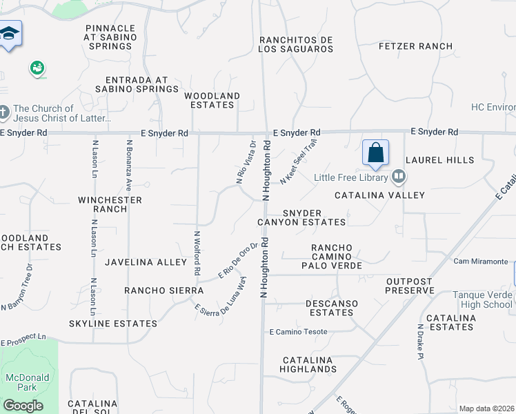 map of restaurants, bars, coffee shops, grocery stores, and more near 10322 East Snyder Creek Place in Tucson