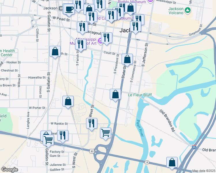 map of restaurants, bars, coffee shops, grocery stores, and more near 400 East Silas Brown Street in Jackson