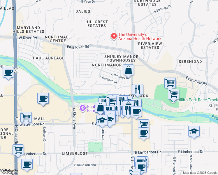 map of restaurants, bars, coffee shops, grocery stores, and more near 474 East Croydon Park Road in Tucson