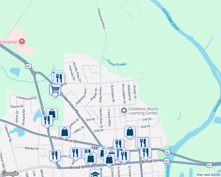 map of restaurants, bars, coffee shops, grocery stores, and more near 14 5th Street in Hawkinsville