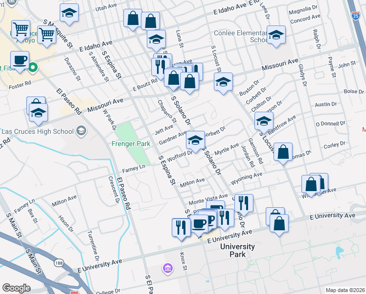 map of restaurants, bars, coffee shops, grocery stores, and more near 1105 Sharon Circle in Las Cruces