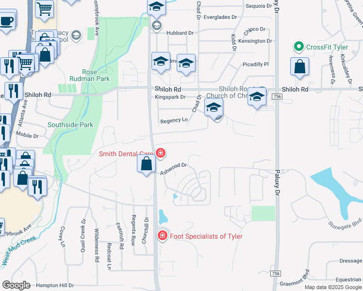 map of restaurants, bars, coffee shops, grocery stores, and more near 1203 Waterford Court in Tyler