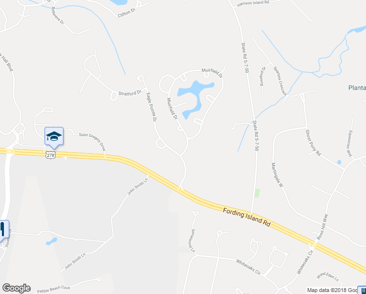 map of restaurants, bars, coffee shops, grocery stores, and more near 5 Muirfield Drive in Bluffton