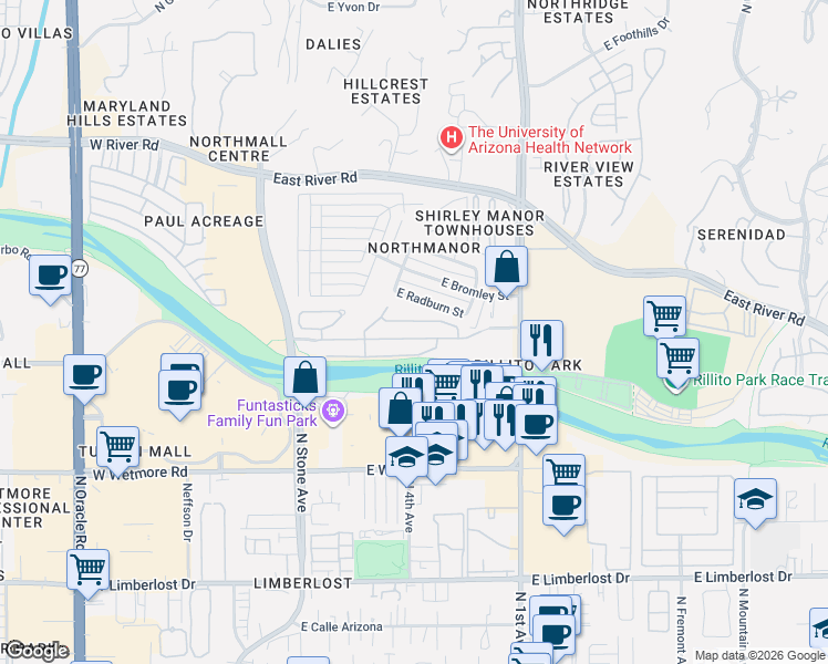 map of restaurants, bars, coffee shops, grocery stores, and more near 351 East Calderwood Road in Tucson