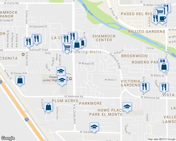 map of restaurants, bars, coffee shops, grocery stores, and more near 1990 West Southbrooke Circle in Tucson