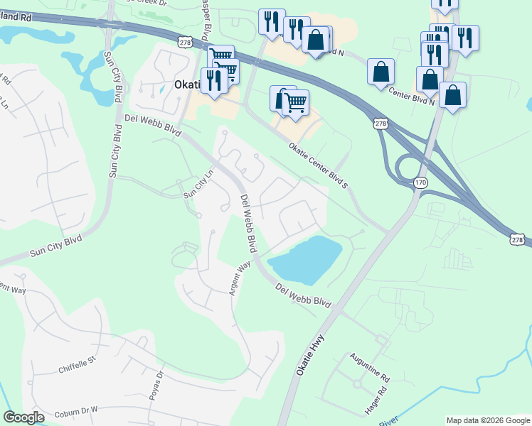 map of restaurants, bars, coffee shops, grocery stores, and more near 9 Lake Somerset Circle in Bluffton