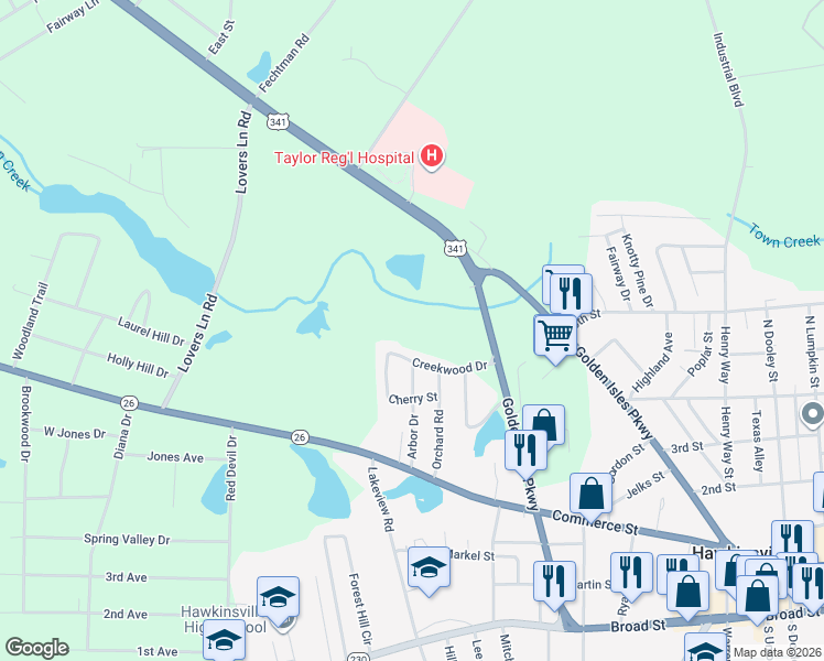 map of restaurants, bars, coffee shops, grocery stores, and more near 44 Valley Road in Hawkinsville